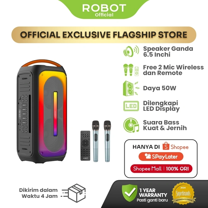 ROBOT Speaker Karaoke 50W Dual Microphone Wireless RGB Light Bluetooth 5.0 Speaker Bluetooth 6.5 Inchi RB650 Original  - Garansi 1 Tahun