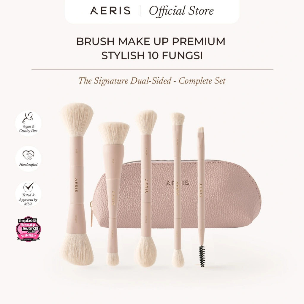 Aeris Beauté The Signature Dual-Sided Brush Set | Brush Make Up Lembut Premium Multifungsi Travel Portable untuk Bedak Foundation Concealer Eyeshadow