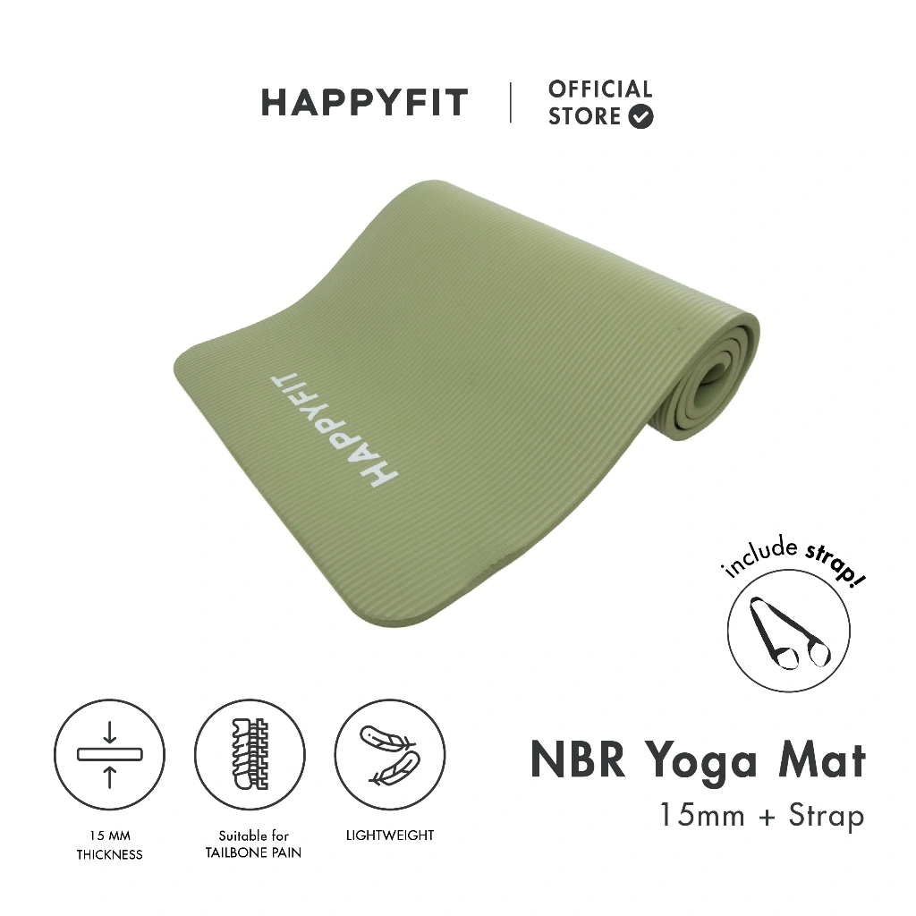 HAPPYFIT - Yoga Mat Polos NBR 15mm (FREE STRAP) / Matras Yoga / Matras Olahraga / Matras NBR