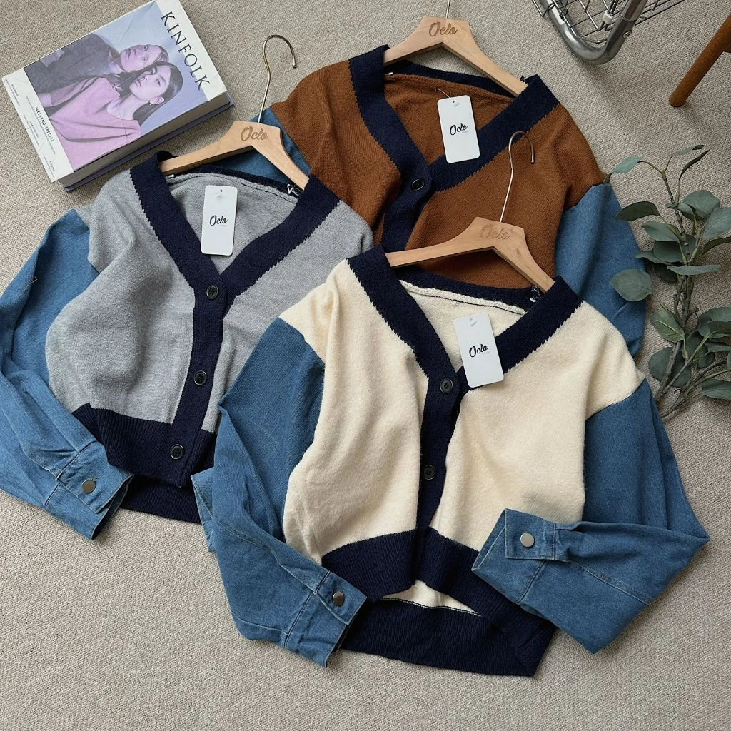Oclo Elleisha Cardi Stripe Knit Mix Jeans Casual Atasan Blouse Wanita Rajut Denim Lengan Panjang OCL02821