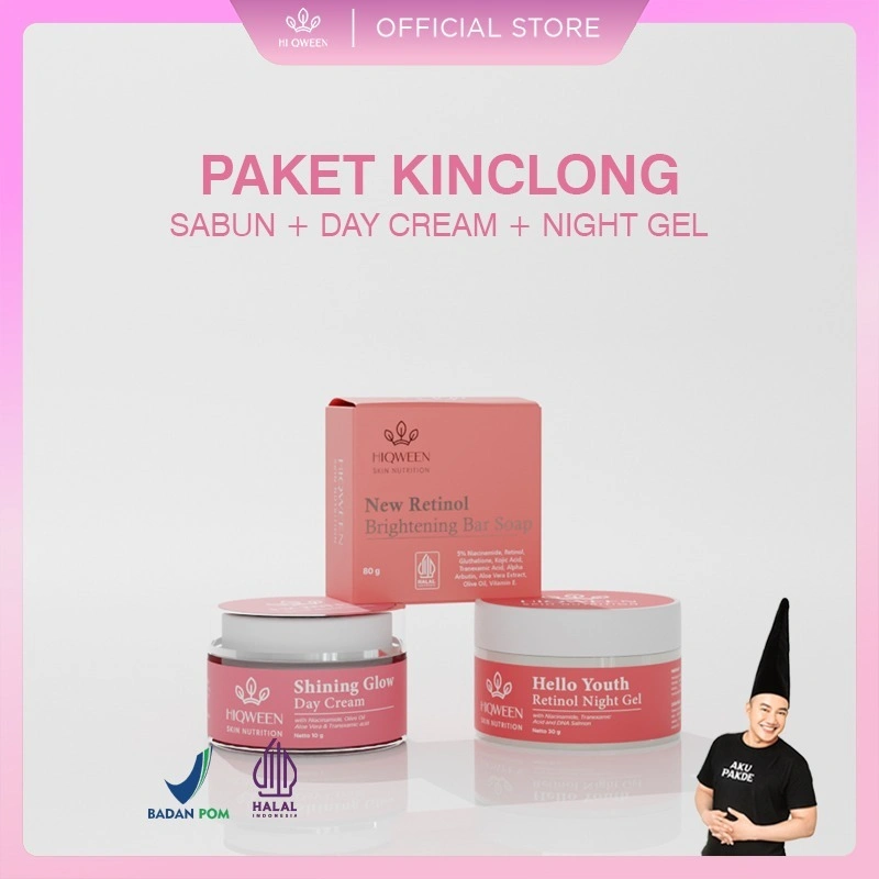 HIQWEEN PAKET KINCLONG ANTI FLEK New SABUN retinol  + RETINOL NIGHT GEL + SHINING GLOW DAY CREAM Krim Siang Malam