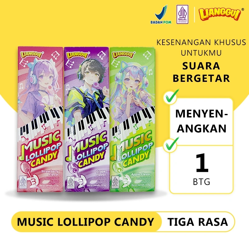Lianggui HALAL Lolipop Musik 3 Rasa - Apel Hijau/Anggur/Stroberi | Snack Viral Unik Cemilan Hits