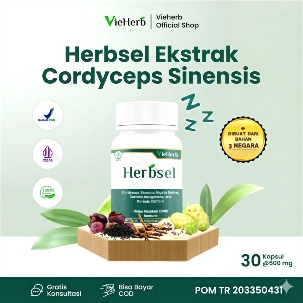 Vieherb Herbsel Suplemen Membantu Menjaga Kesehatan Ekstrak Jamur Cordyceps Sinensis Kulit Manggis Habbatussauda Mengkudu 30 Kapsul BPOM Halal
