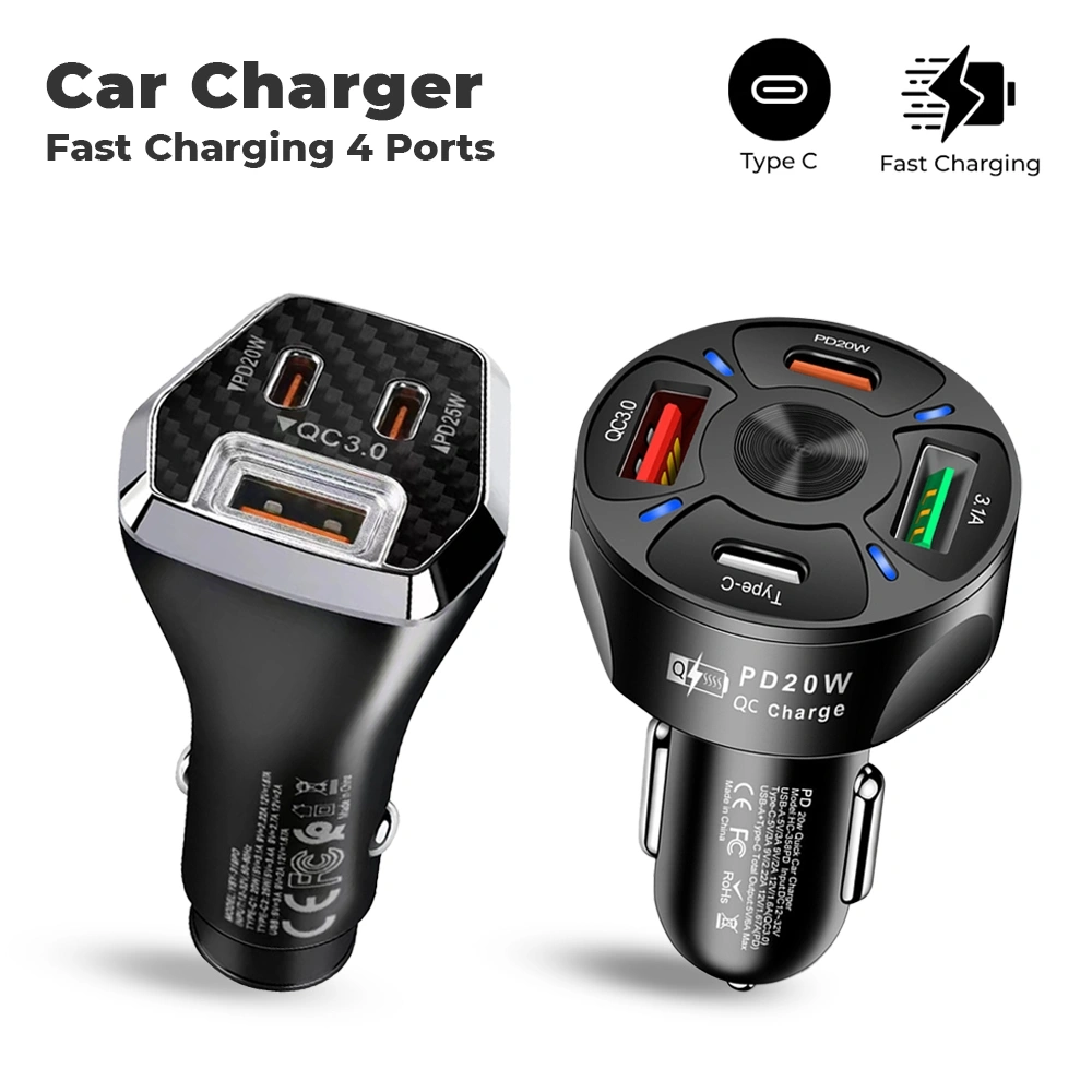 Charger Mobil 4 Port Dan 3 Port Type-C Universal Fast Charging 60W Charger Portabel Multifungsi