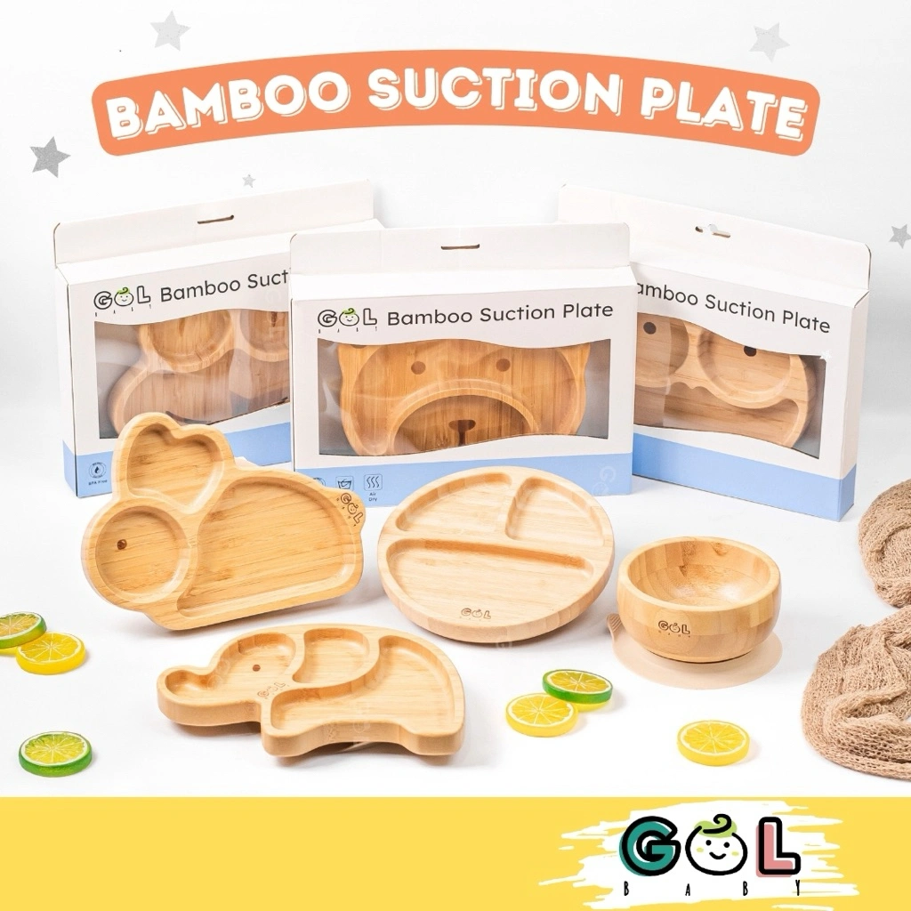 GOL Baby Piring Bayi | Bamboo Silicone Suction Plate Animal Shape Character Organic | Piring Tempat Makan Kayu Bambu Anak Bayi Piring Alat Tempat Makan Mpasi Sekat Anak Bayi Organik Kayu Bambu Silikon Mpasi Anak Bayi Bentuk Karakter Hewan With Suction