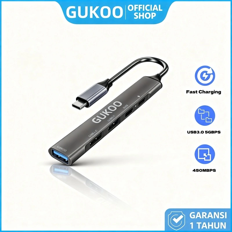 GUKOO Hub USB Type-C Original - 2 USB & 1 Type-C | Compact untuk Laptop/MacBook, Garansi 1 Tahun!