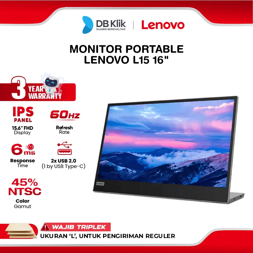 LENOVO LED Monitor Portable Mobile L15 16" IPS FHD 60Hz 6ms USB-C