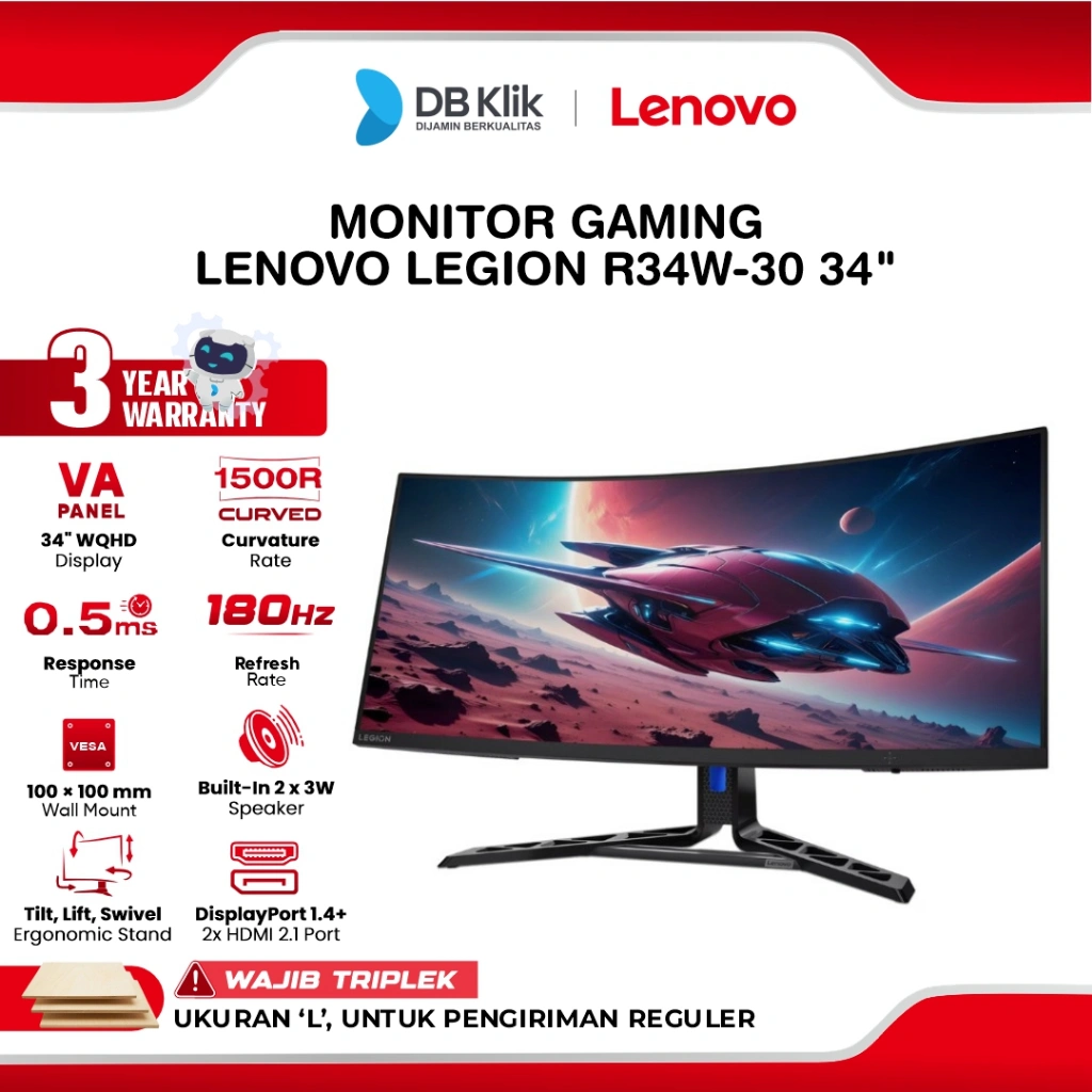 LENOVO Legion LED Monitor Gaming R34W-30 34" VA UWQHD Curved 1500R 180Hz 0.5ms AMD FreeSync HDR10 Built in Speaker HDMI DP