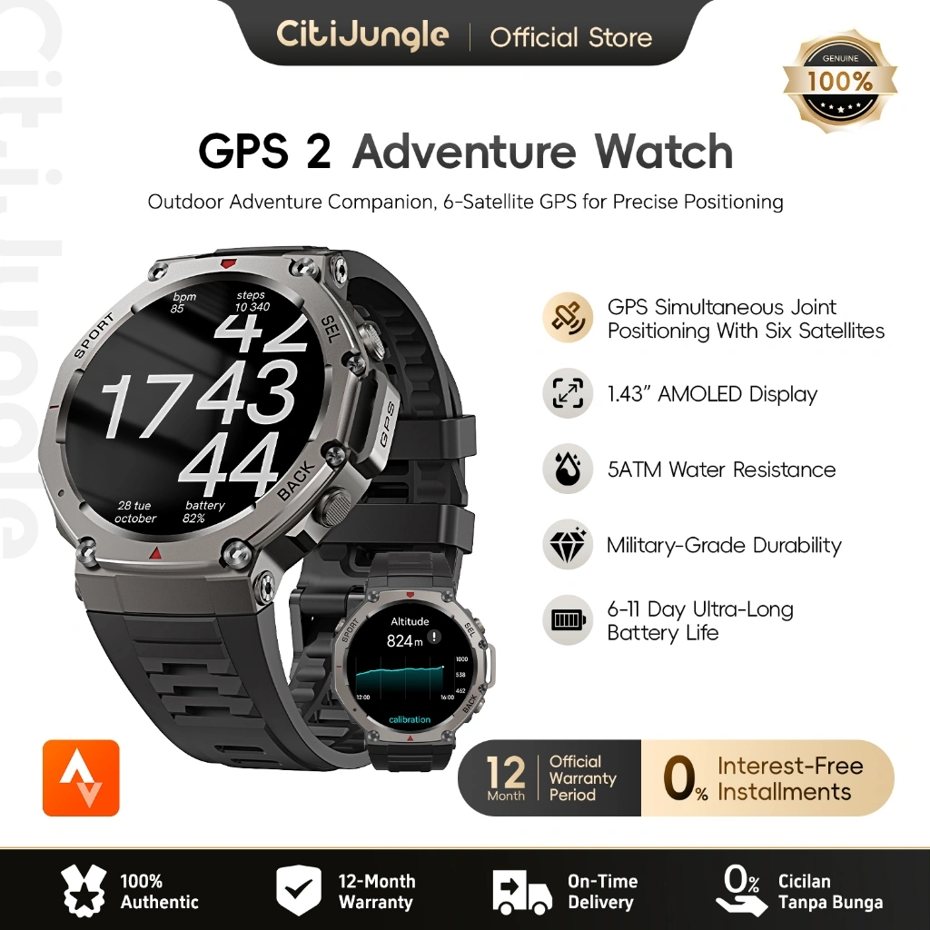 Citijungle Smartwatch GPS 2 | Support Strava | Layar AMOLED 1.43" | Tahan Air 5ATM (Renang) | Kompas Digital | Bluetooth Call | 100+ Mode Olahraga | Untuk Pria & Wanita