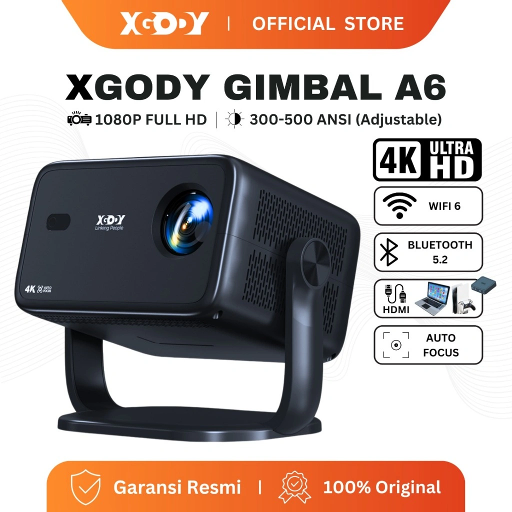 XGODY Gimbal A6 Smart Proyektor LCD - Android 11 - FHD 1080P - AUTO Focuse - Eye Protection - 500 ANSI