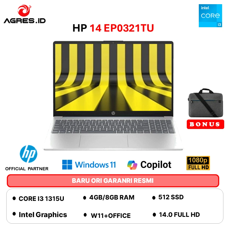 LAPTOP HP 14 INTEL CORE  I3 1315 - RAM 8GB 512GB W11+OHS 14.0FHD COPILOT 1080P CAMERA -EP0321TU