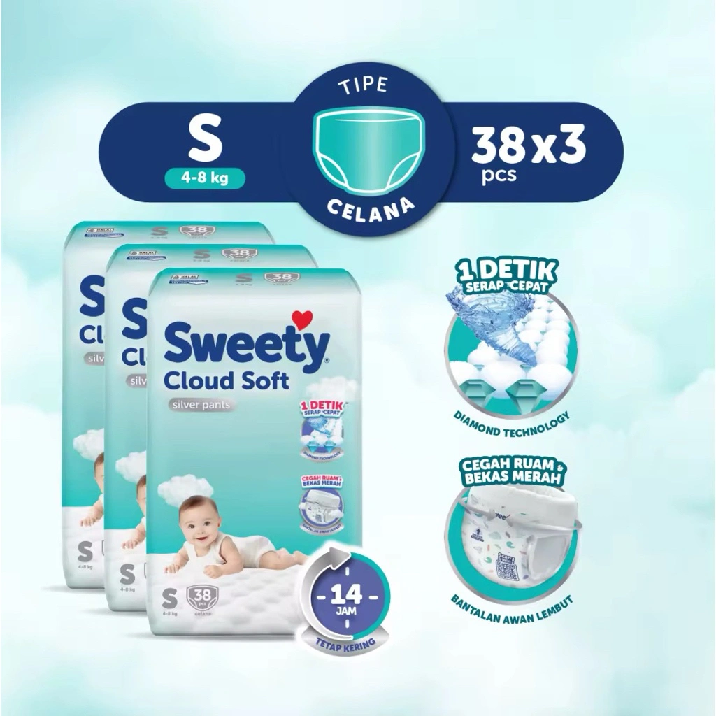 PAKET 3 BALL - SWEETY SILVER Pant Pants Popok Cloud Soft Celana Perekat Tape Taped Tapped Sekali Pakai Diaper Baby Bayi Diapers Newborn Nb S Nbs 40 Nbs40 Nb-S Nb-S40 M32 M 32 L28 L 28 XL24 XL 24 XXL22 XXL 22 S38 S 38 Bayi Baru Lahir Pantz Hemat Bal Murah