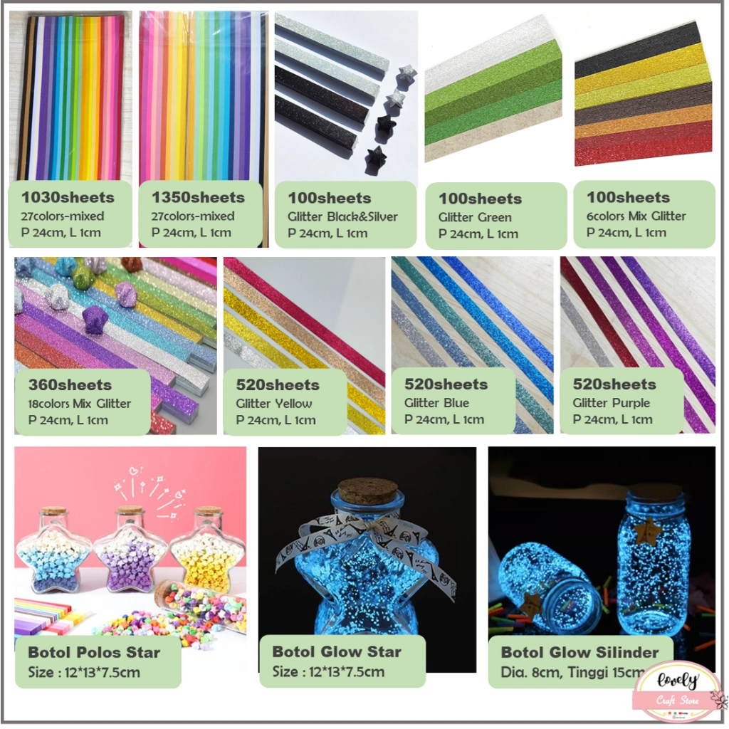 LovelyCraftStore | DIY 100/360/520/1030/1350 sheets Star Origami Paper Rainbow Kertas Origami Bintang lebar 1cm, Star Origami Paper, Quilling Paper, Kertas Bintang Star Bottle Botol Bintang