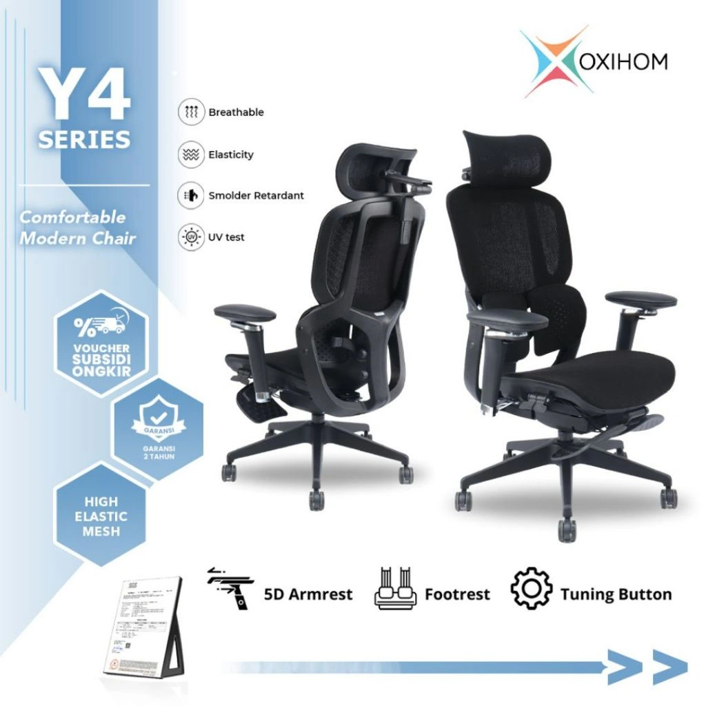 Oxihom Y4 Kursi Mesh Kursi Kantor Kursi Kerja Kursi Gaming Kursi Belajar Kursi Ergonomic Mesh Chair Headrest 4D Lumbar Ganda dapat di atur Adjustable