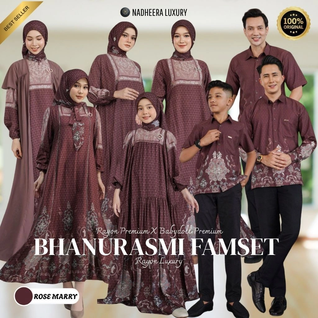 BISA GOSEND / BHANURASMI FAMSET (BELUM TERMASUK SCARF ) (ROSE MARRY) NADHEERA LUXURY / Gamis Sarimbit Lebaran Terbaru / Famset Lebaran / Gamis Set / Gamis Couple Ibu dan Anak / Gamis / Sarimbit / Famset / Nadheera Luxury / Gamis Rayon Premium