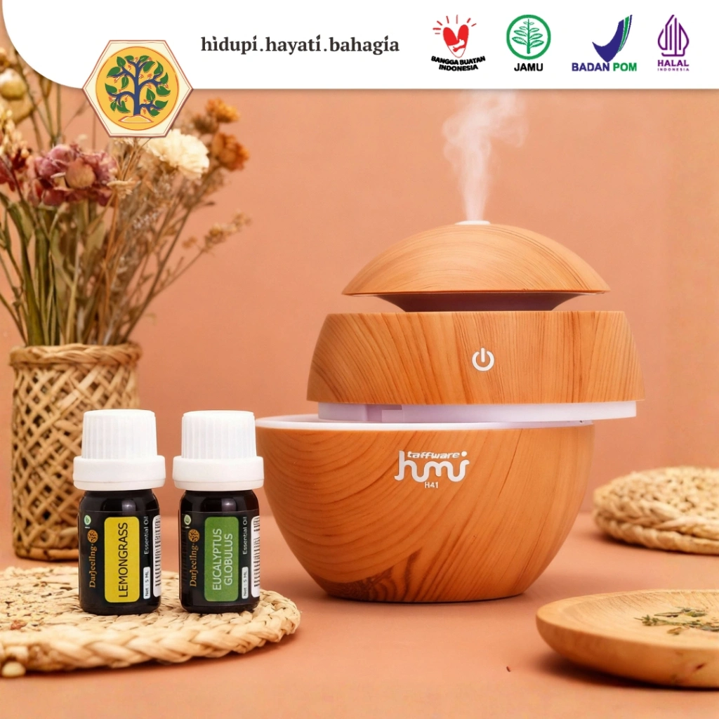 HUMI Wood USB Humidifier Diffuser + Best Seller 2 x 5ml Pure Essential Oil Aromaterapi | Pengharum Ruangan