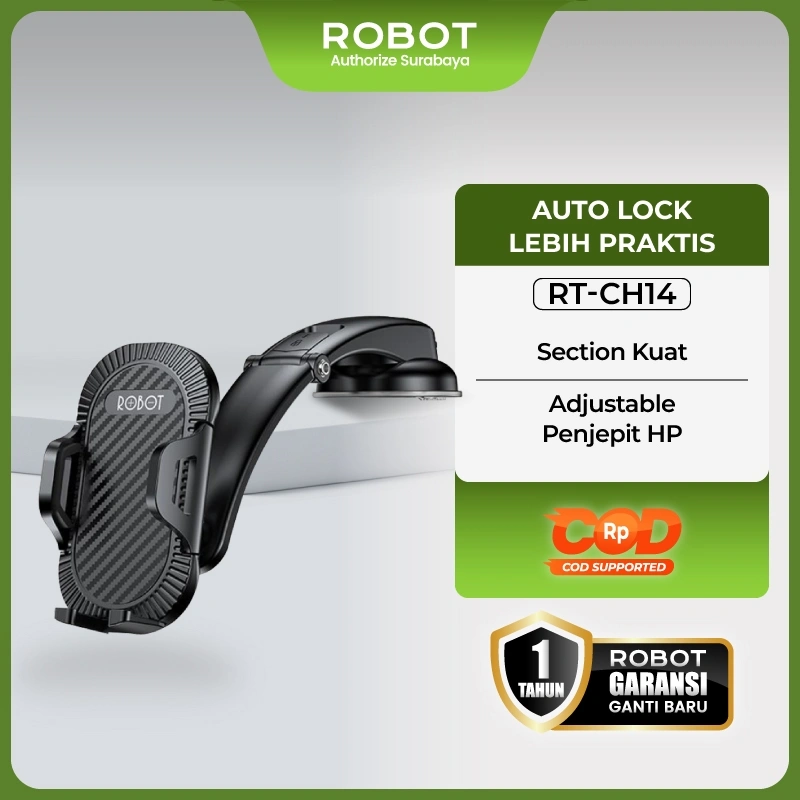 ROBOT Car Holder Auto Lock Suction Cup Kuat Tidak Menghalangi Pandangan Lengan Panjang 19cm One Key Operation Stabil Anti Jatuh Penyangga HP Mobil Universal Untuk Dashboard Kaca Aman Kokoh Smartphone RTCH14