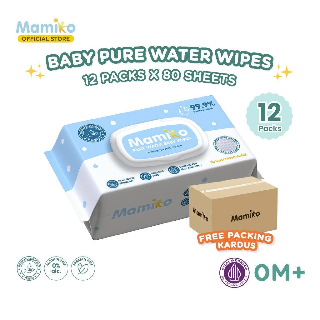 Mamiko Wet Tissue Baby Wipes Pure Water Hand Mouth 80s (12 Pack) - Tisu Basah Bayi