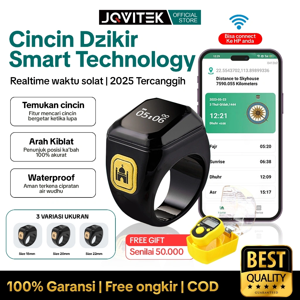 (Beli 1 dapatkan 2 aksesori)Jqvitek Smart Ring Zikir Cincin Tasbih Digital LED Display Bluetooth & Tahan Air - SR01