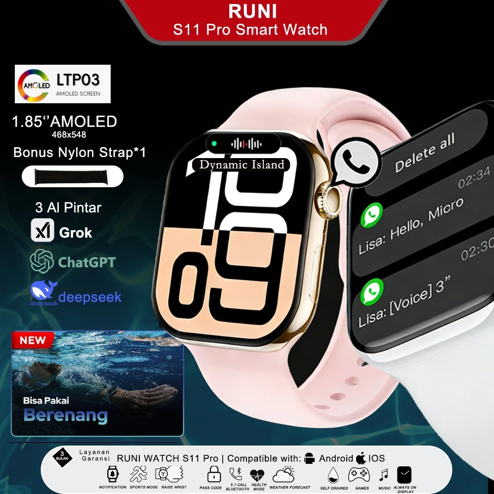 Waterproof RUNI WATCH S11 Pro AI Smartwatch 400 mAh Battery BLUETOOTH IP68 | 1.85” LTP03-AMOLED | ChatGPT | All Workout Management system