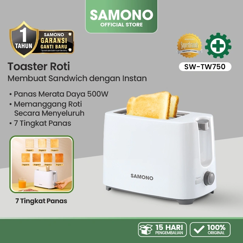SAMONO 500W Toaster Pemanggang Roti Listrik Bread Toaster 7 Tingkat Panas 2 Sisi  SW-TW750
