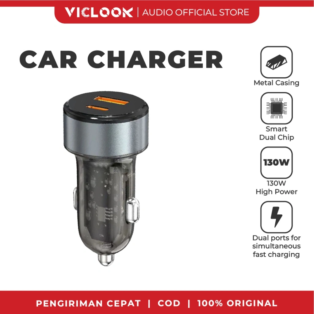 VICLOOK 2 Port Car Charger Fast Charging 55W Micro USB & Type-C Asli - Fit for iPhone/Samsung/Xiaomi