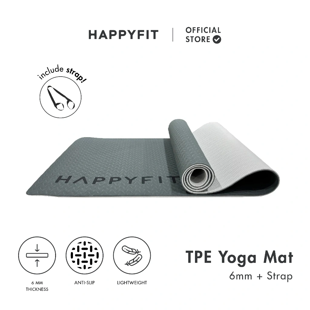 HAPPYFIT - Yoga Mat Polos TPE 6mm Eco Friendly (FREE STRAP) / Matras Yoga / Matras Olahraga / Matras TPE