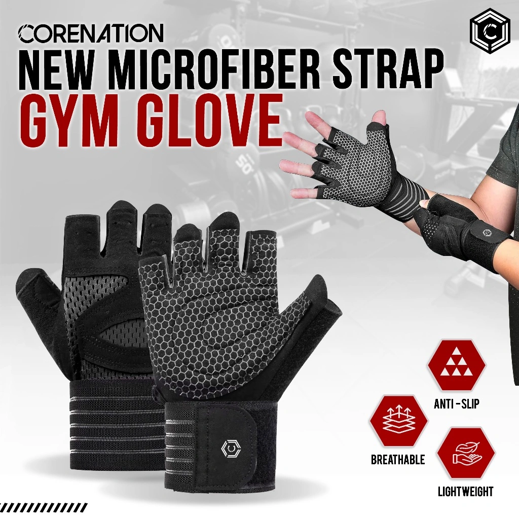 CoreNation New Microfiber Strap Gym Glove | Sarung Tangan Gym Fitness Olahraga Anti Slip