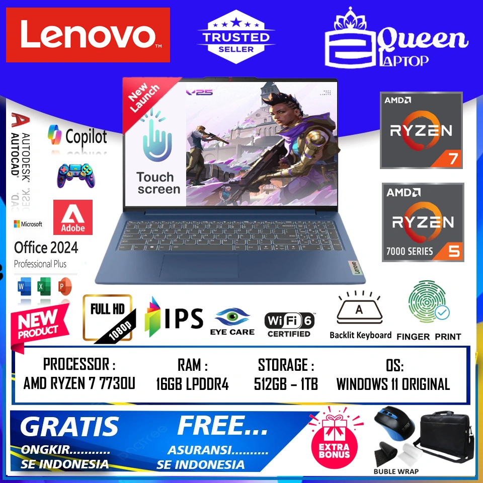 Laptop Touchscreen Baru Lenovo Ideapad Slim 3i 15 AMD Ryzen 7 7730U Ryzen 5 7520U RAM 16GB 1TB SSD
