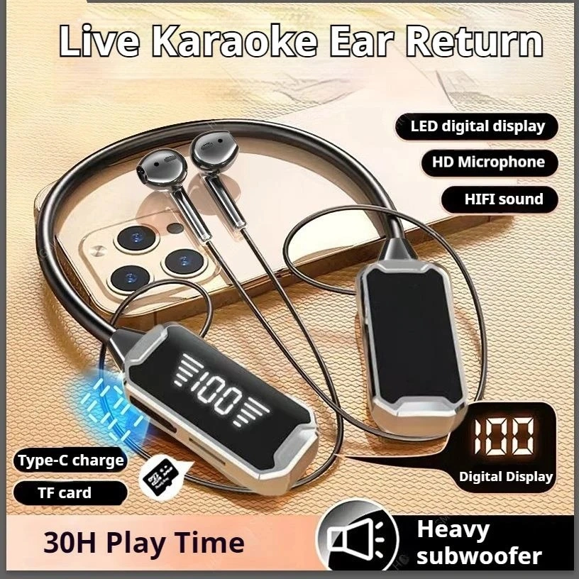 Earphone Bluetooth Tahan Lama 30 Jam Suara Stereo Layar LED Earbud Headphone Nirkabel Olahraga Neckband Headset Gantung Leher