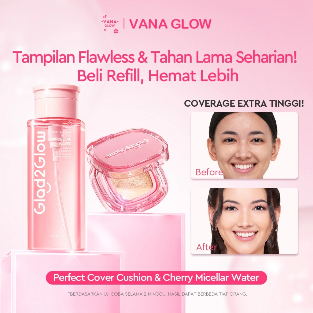 [100%ORI]Glad2Glow Cushion Foundation 6 Shades | Semi-Matte, Full Coverage | BB, CC Cream & Concealer | Waterproof, Anti-Pudar, Tahan 8 Jam | Cocok untuk Semua Kulit | Vit C & Mixberry glad2glow official store