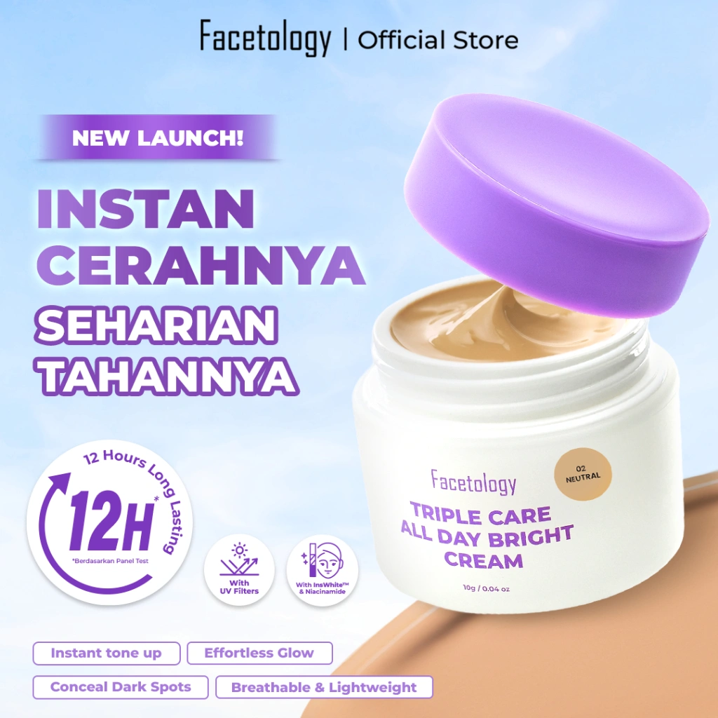 Facetology Triple Care All Day Bright Cream 10gr - Day Cream Shades Light Neutral Warm Dengan Medium Coverage Bantu Mencerahkan