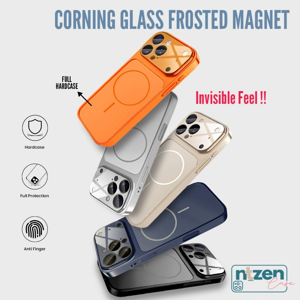 Case iPhone Corning Glass Frosted Magnet Anti Finger with Glass Lensa Protector Compatible for iPhone 13 14 15 16 17 Pro Max Air | Ntzencase