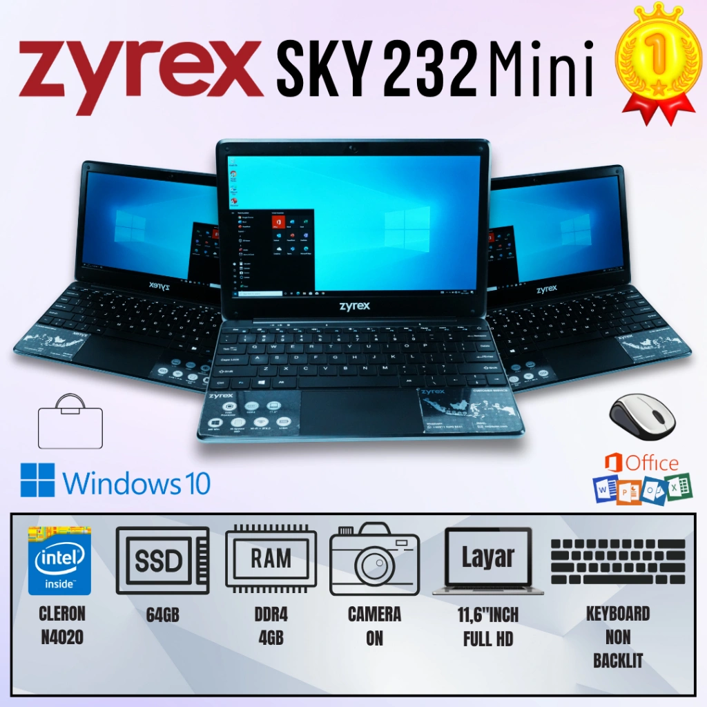 Laptop Zyrex Sky 232 Mini ii N4030 | Ram 4Gb DDR4 Ssd 64Gb + Ssd 128Gb m2 Full HD