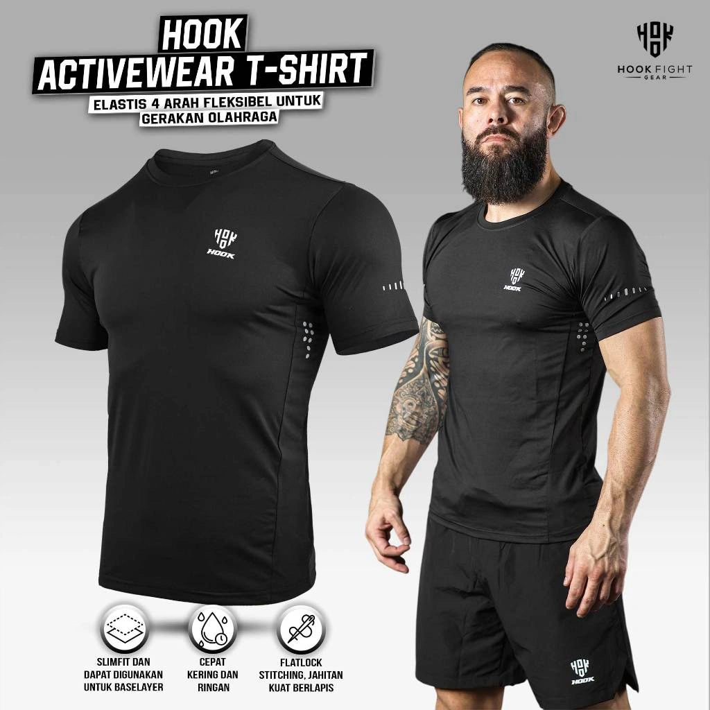 Hook Kaos Gym Pria Ketat Baju Olahraga Lengan Pendek Slimfit T shirt Fitness Men Lari Atasan Jogging Sport Wear Man Running Tshirt Activewear 1XT8N