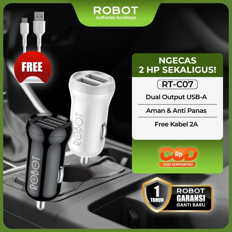ROBOT Car Charger Mobil Fast Charging 2.4A Dual USB Output Isi Dua Perangkat Bersamaan Mini Fireproof Shell Smart Cooling Chip Built In Smart Chip Aman Universal Semua Mobil FREE Kabel 2A Charger Cepat Praktis RT-CO7