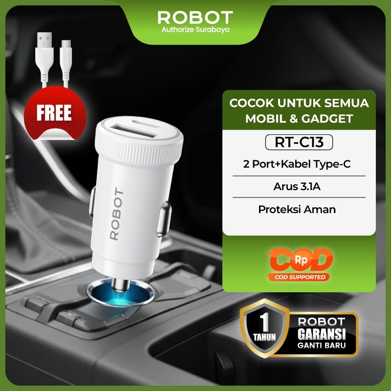 ROBOT Car Charger Dual Port USB A Type C 3.1A Fast Charging Include Kabel Type C Smart Protection 6 Lapis Universal Semua Kendaraan Mini Ringkas Aman Charger Mobil Harian RT-C13