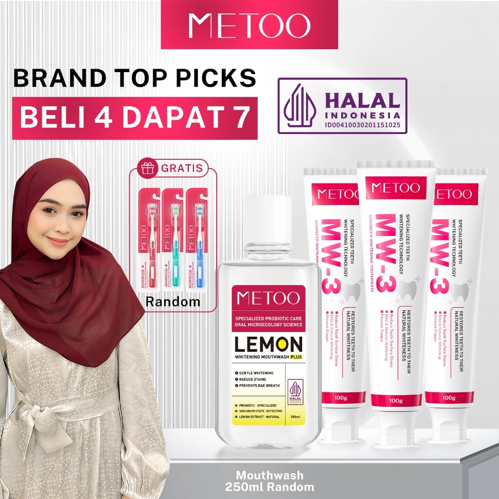 [MURAH BGT] METOO MW-3 Advanced Whitening Tooth Paste 100gr*3 + Mouthwash 250ml*1 + Tooth Brush*3 - BPOM Gigi Putih / Karang Gigi / Membersihkan Noda Gigi / Gigi Sensitif / Bau Mulut / non-alkohol