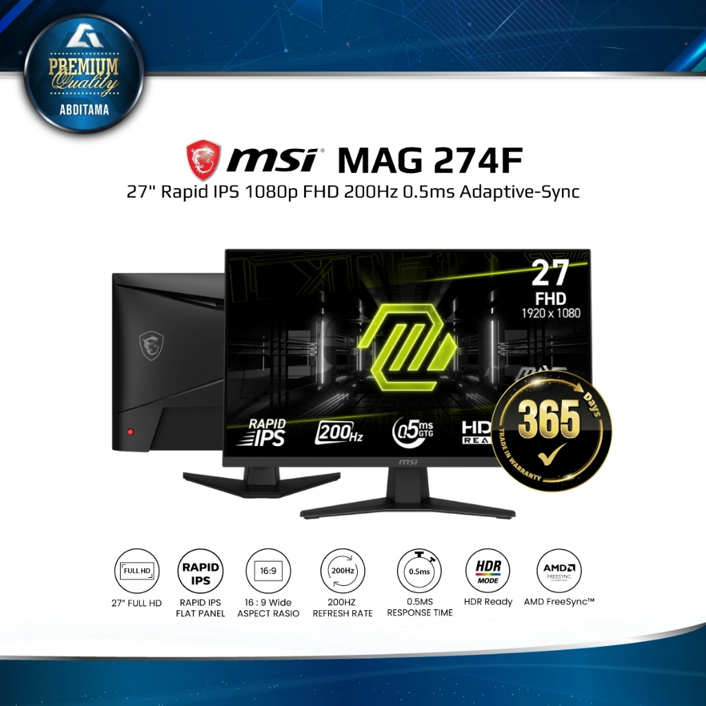 Monitor LED MSI MAG274F MAG 274F 27" Rapid IPS 1080p FHD 200Hz 0.5ms HDMI 2.0bx1 DP 1.2ax1 Headphone-out Adaptive-Sync Vesa 100x100mm Designed for competitive FPS, first-person RPG/MMORPG, and flight/racing simulator genres