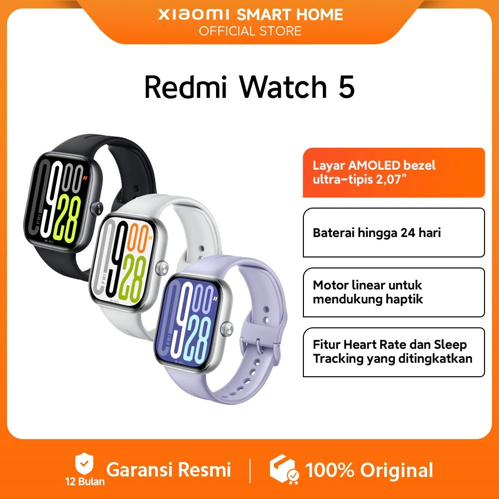 Xiaomi Redmi Watch 5 | Amoled bezel 2,07 | Baterai hingga 24 hari | Motor Linear | Pemantau Heart Rate & Sleep Tracking [Official Store]