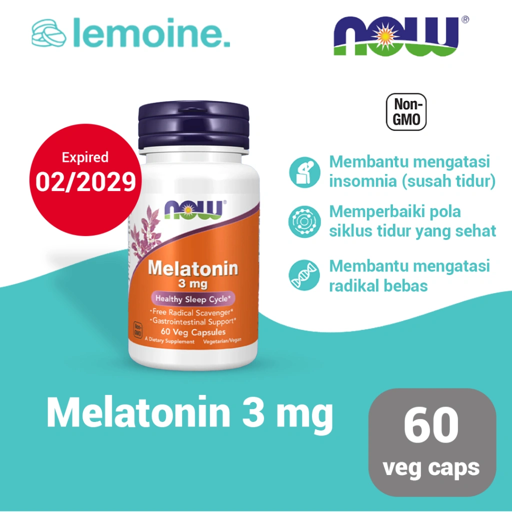 Now Melatonin 3 mg Suplemen Bantu Atasi Insomnia Siklus Tidur Berkualitas 60 capsules