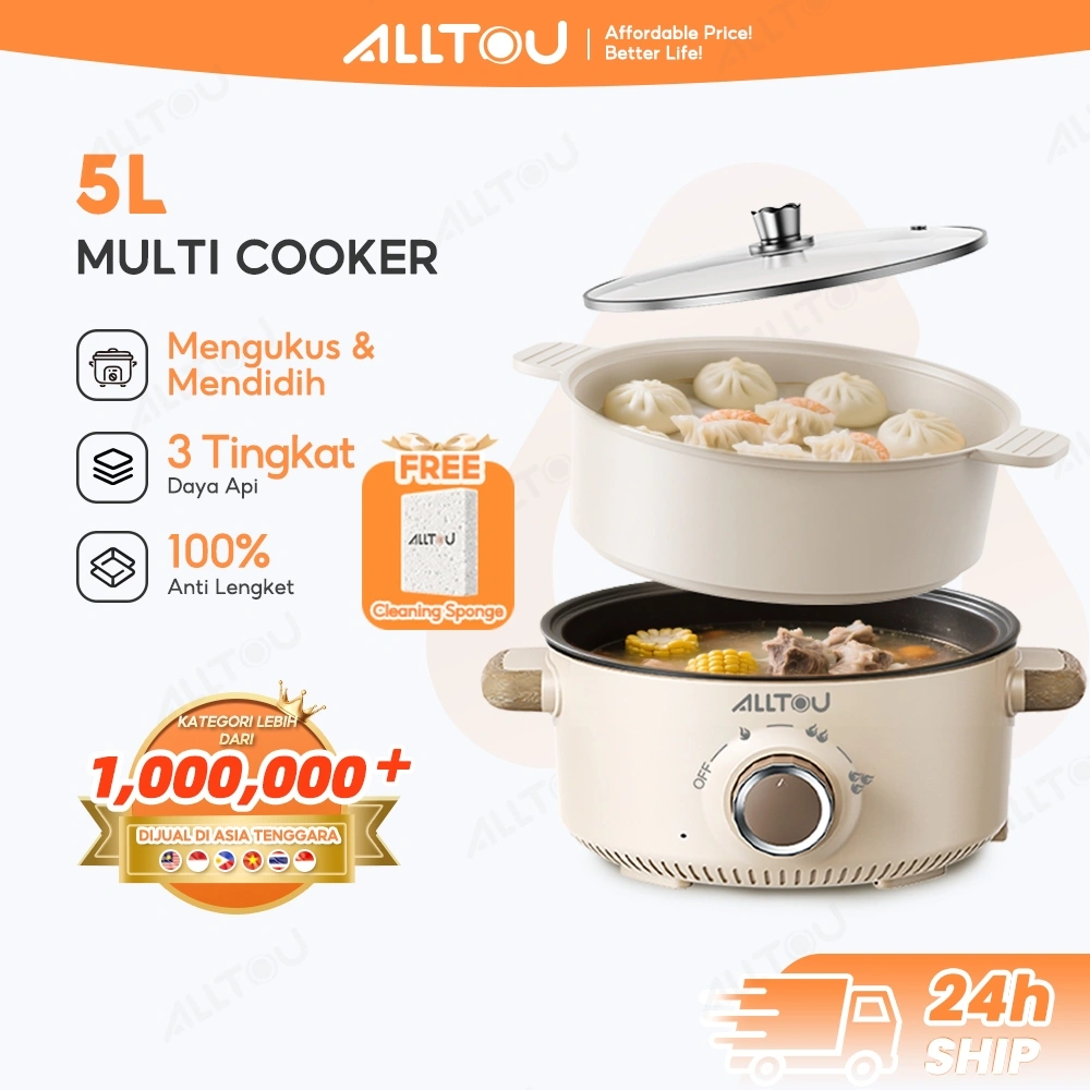 ALLTOU Panci Listrik Serbaguna 2.5L/5L Multifungsi Steamer Panci Listrik Serbaguna Anti Lengket