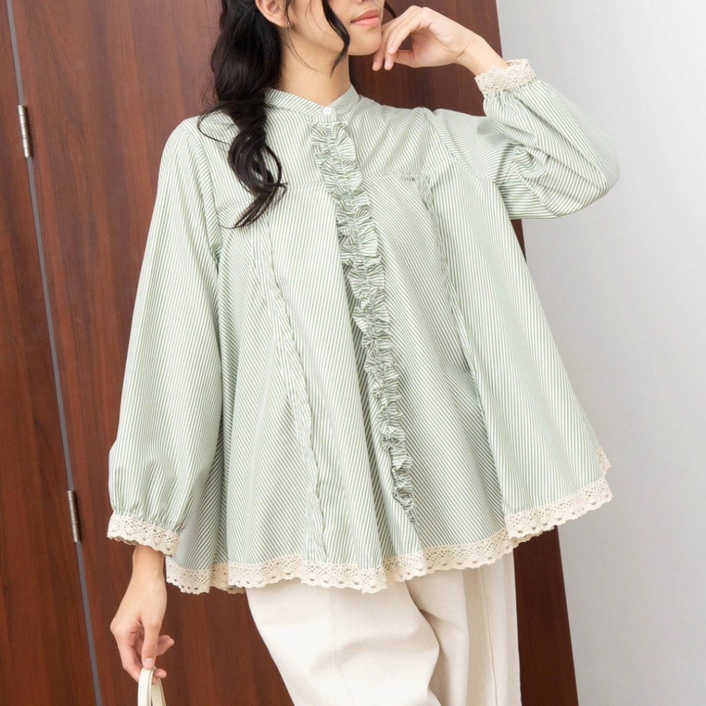 Eclemix | Blouse Wanita Lengan Panjang | Top Seora | Atasan Kerah Mandarin Aksen Frill