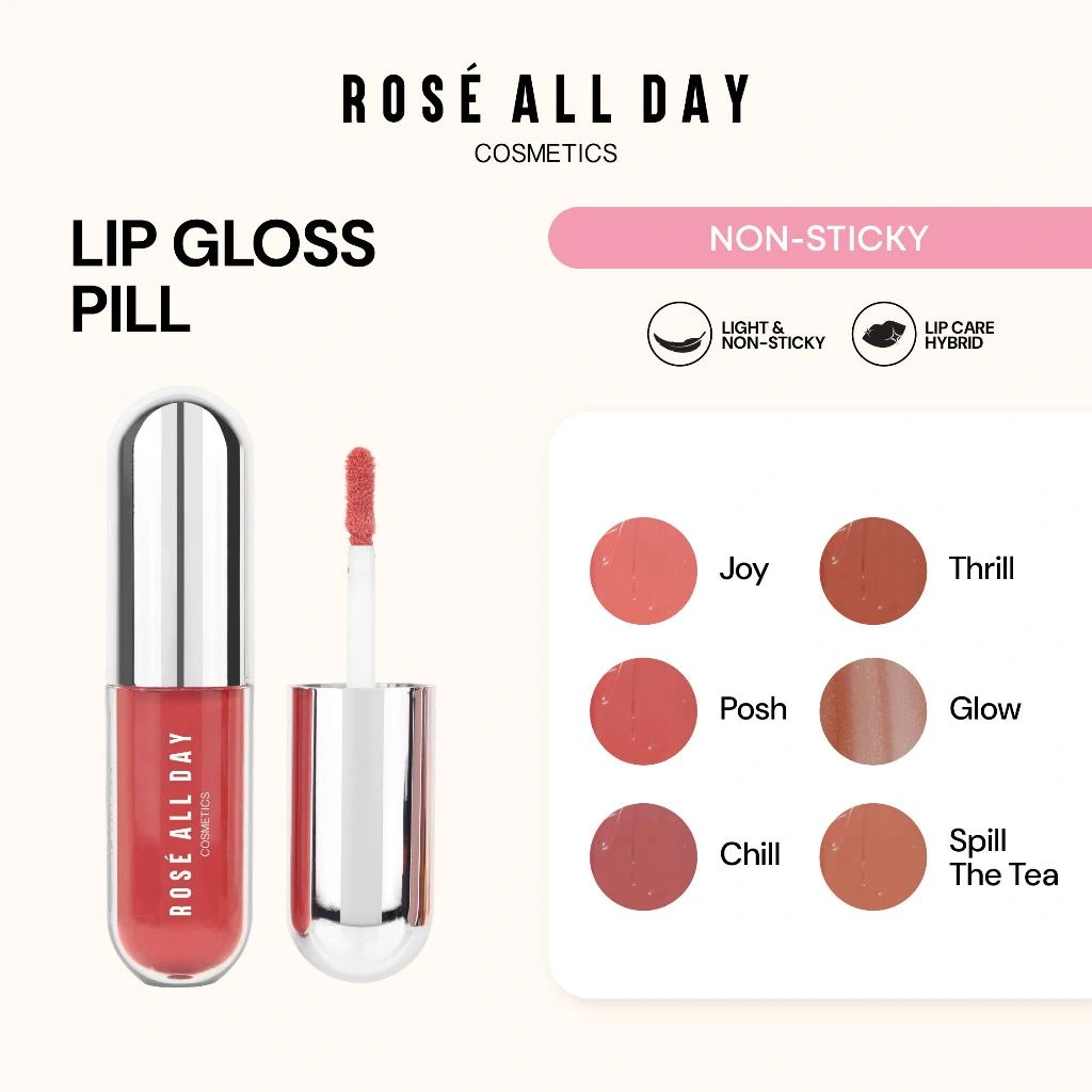 Rose All Day Lip Gloss Pill - Lipgloss Ringan & Tahan Lama | Melembapkan dengan UV Filter & Vitamin