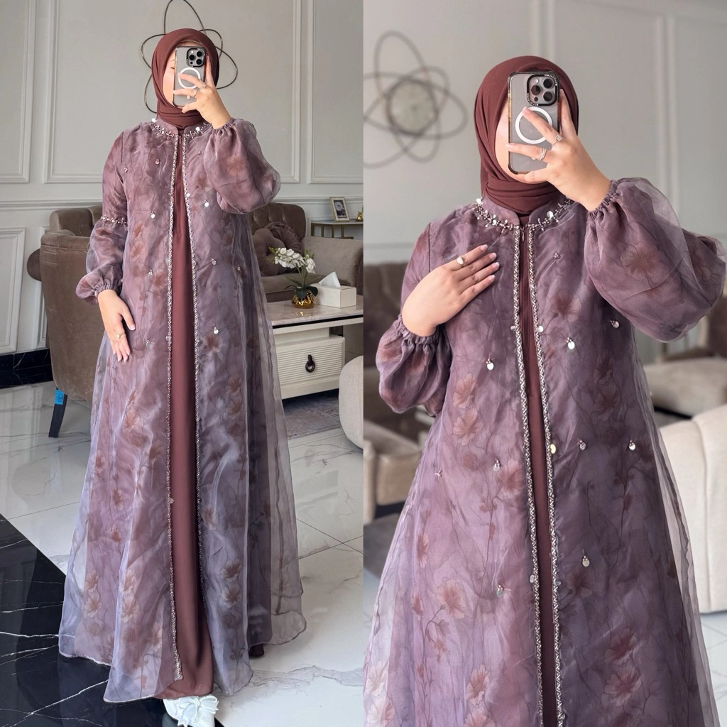NNFASHION ~ SEILA DRESS SET HIJAB Gamis Wanita Muslim Dewasa Remaja Ibu Ibu Motif Organza