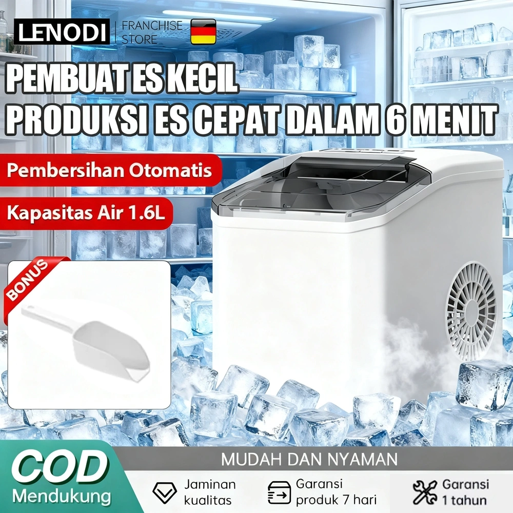 LENODI Mesin Pembuat Es, 1.6L Mesin Es Batu, Pembuatan Es Cepat, Pembersihan Mandiri,Penyimpanan Es Batu Berkapasitas Besar, Pembersihan Otomatis, Rumah Tangga Kecil, Mesin Pembuat Es Batu Otomatis, Toko Teh Susu