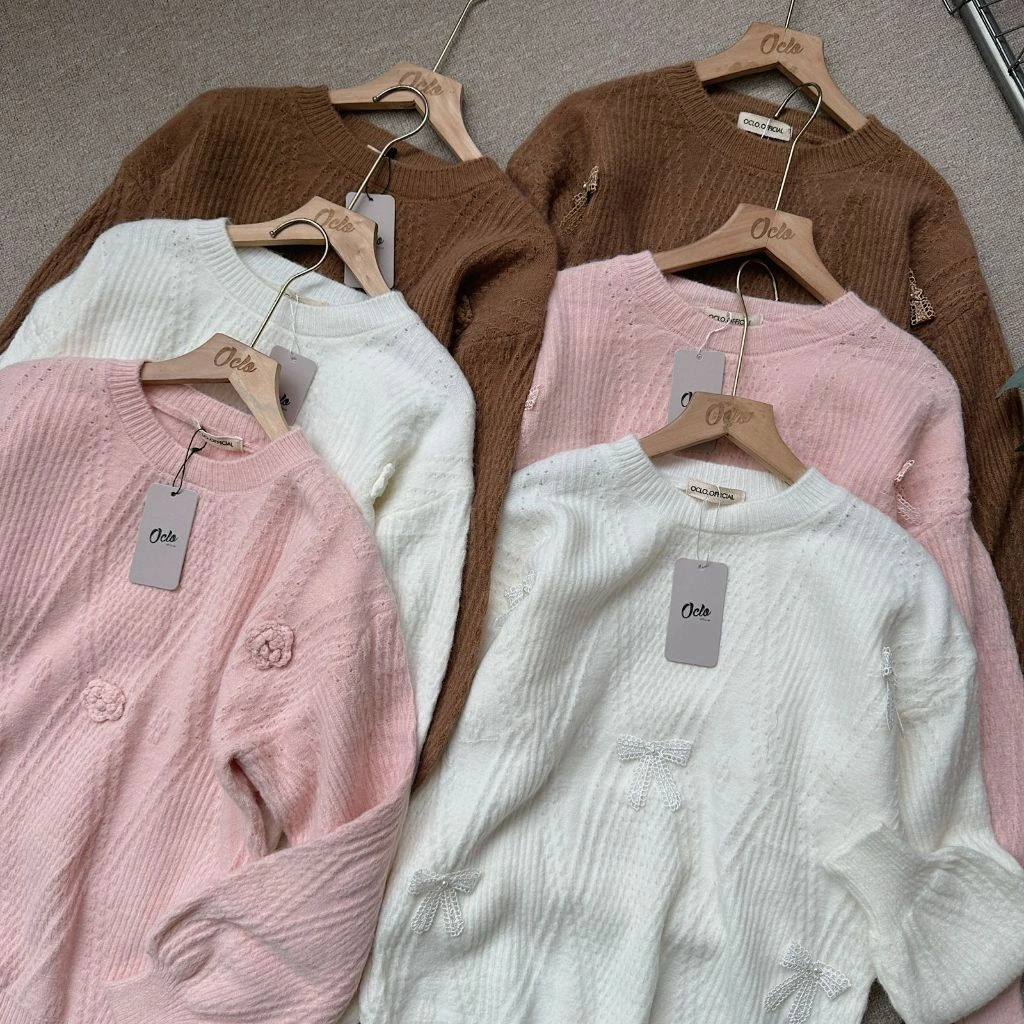 Oclo Izel Sweater Knit Tebal Premium Casual Atasan Wanita Lengan Panjang Pita Kekinian Ootd Terbaru OCL03016