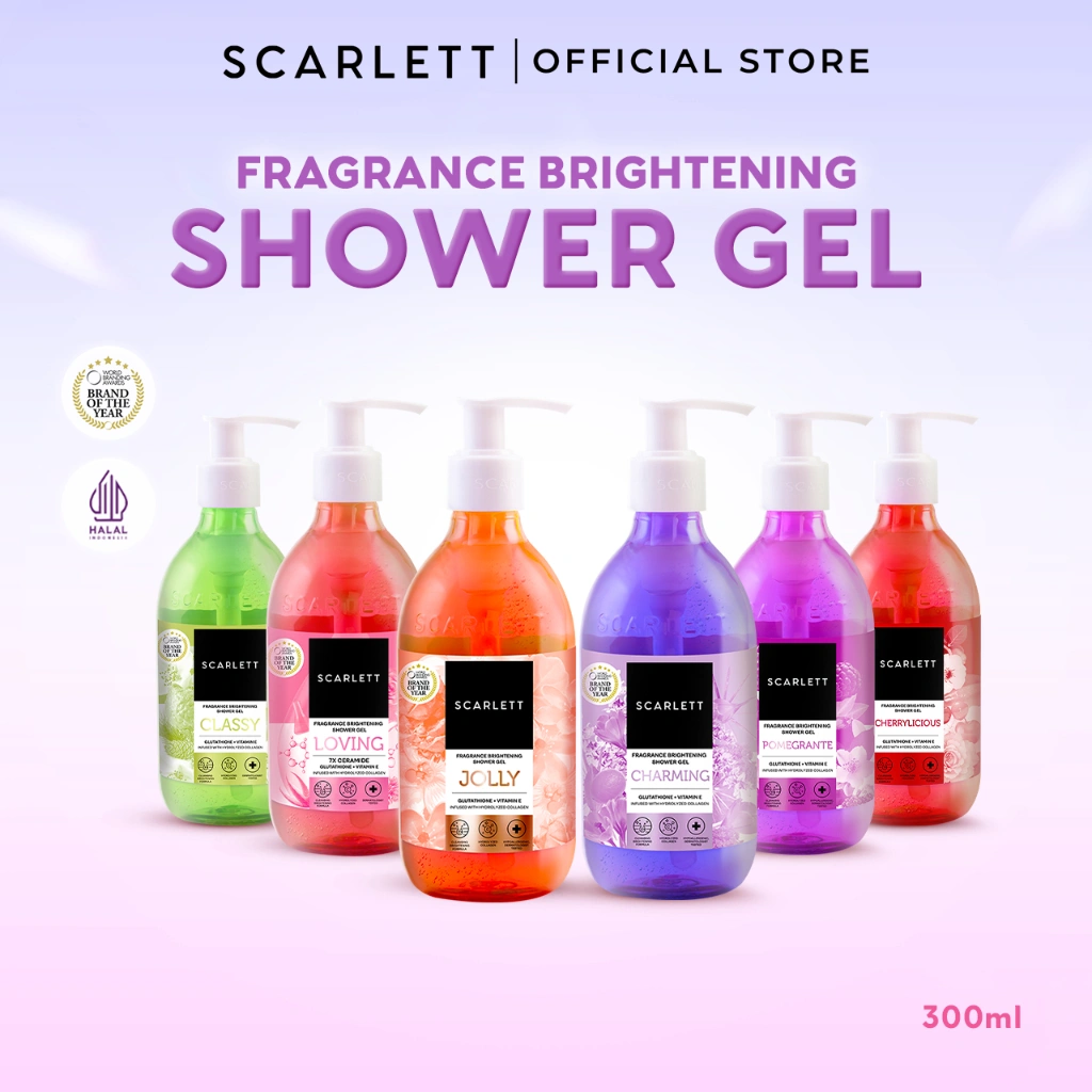 SCARLETT Fragrance Brightening Shower Gel 300ml | Body Wash Sabun Mandi Cair | Melembutkan Menutrisi Melembabkan Mencerahkan Kulit, Kulit Cerah Halus dengan Wangi Mewah