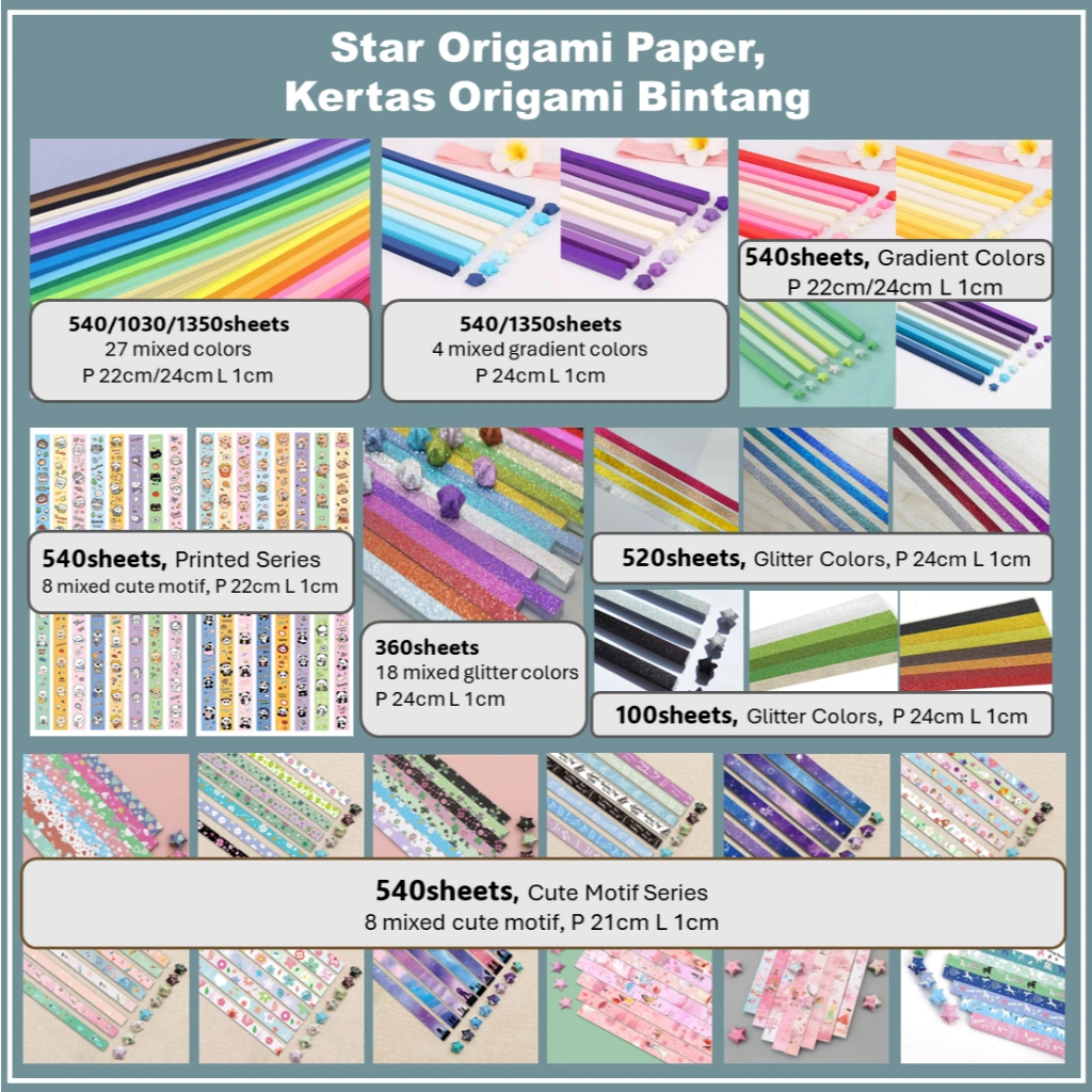 Bayluna | 100/520/540/1030/1350lbr DIY Kertas Origami Star Bintang Warna Warni Rainbow Art Craft