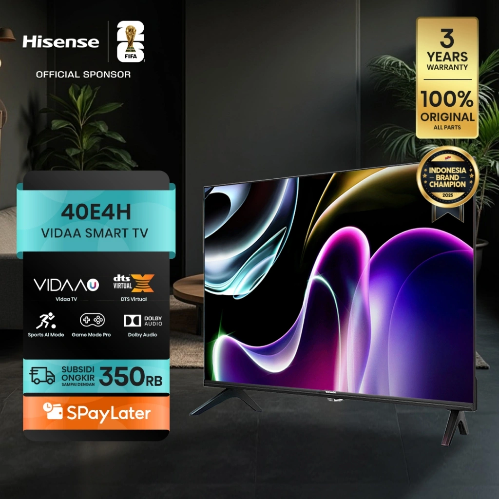 Hisense TV 40E4H Vidaa Smart Digital TV 40 inch FHD Desain Bazelles DTS V X & Dolby Audio Youtube/Netflix/Prime Dual Band WIFI/HDMI/USB Remote Standar Easy Casting Noise Reduction Ram 1GB ROM 4GB Television